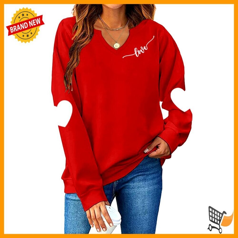 V-Neck Sweatshirt Women's Casual Fit Cotton Blend Valentine Heart Patch Pullover